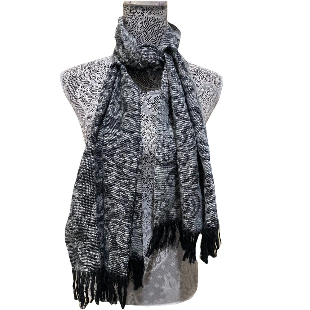 Keynotes Scarf Reversible Wrap Gray Black Paisley Print Shawl Fringe Long Knit